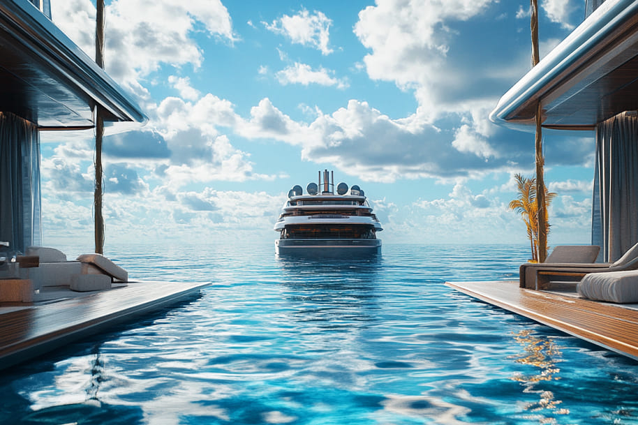 Luxury yacht approaching a serene waterfront, framed by modern poolside villas under a bright sky, capturing the allure of an exclusive ocean getaway, as featured in the luxury cruise blog on eternalslots.com.