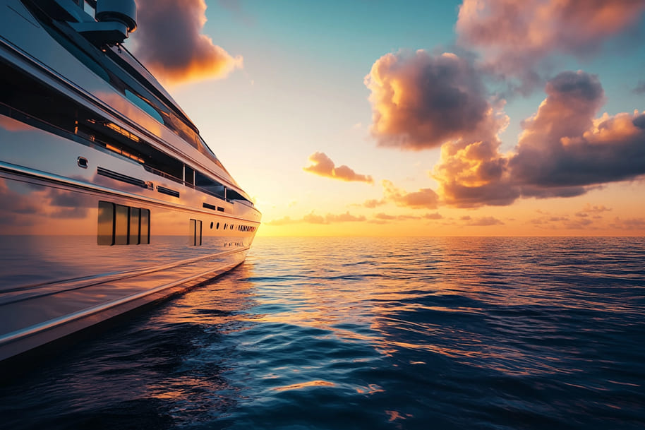 Side view of a luxury yacht sailing into the sunset, reflecting the golden hues of the sky on the ocean surface, epitomizing the elegance of a sunset cruise, as discussed in the luxury travel blog on eternalslots.com.