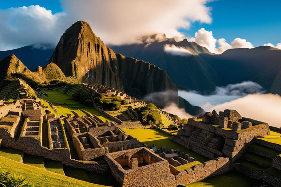 Stunning view of Machu Picchu, the ancient Incan city in Peru, nestled among misty mountains and illuminated by sunlight. This UNESCO World Heritage site showcases the remarkable architecture and breathtaking landscapes of the Andes, drawing visitors from around the world.