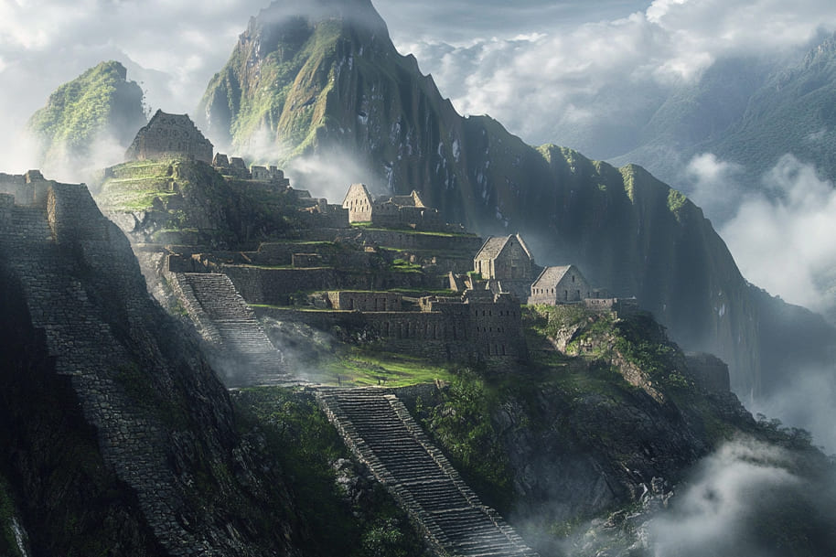 Scenic view of ancient stone structures and terraced mountains at Machu Picchu, surrounded by misty clouds and lush greenery. Eternal Slots blog dives into travel and historical destinations, highlighting majestic locations like Machu Picchu, offering inspiration for adventurous journeys and exploration.