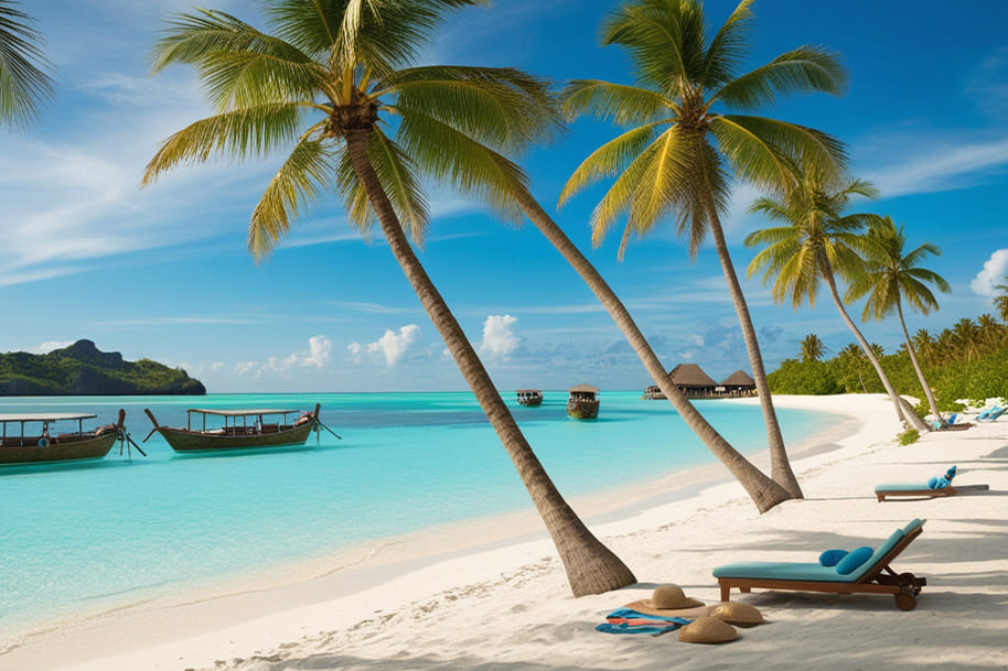 Idyllic beach in the Maldives featuring turquoise waters, white sandy shores, leaning palm trees, and traditional wooden boats anchored near the coast. Luxury sun loungers with blue cushions and overwater villas add to the tropical paradise ambiance.