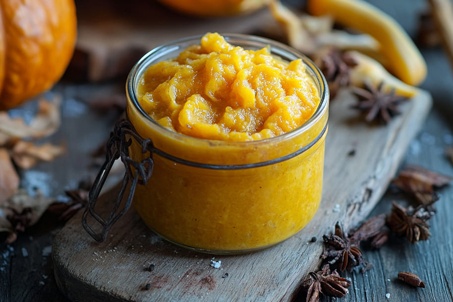 Homemade pumpkin puree in a rustic glass jar placed on a wooden board, surrounded by star anise, cinnamon sticks, and seasonal ingredients. The cozy setting highlights the autumn flavors, perfect for holiday recipes and festive cooking.