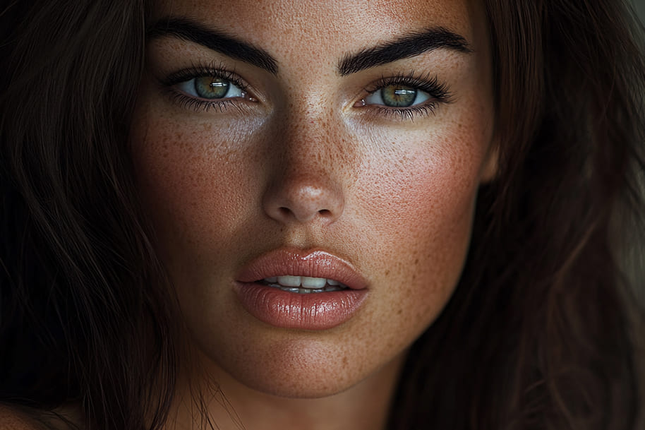 Close-up portrait of a woman with striking features, highlighted by natural freckles and full lips. Her piercing green eyes and tousled hair create a captivating and fresh beauty, showcasing a glowing complexion and intense expression.
