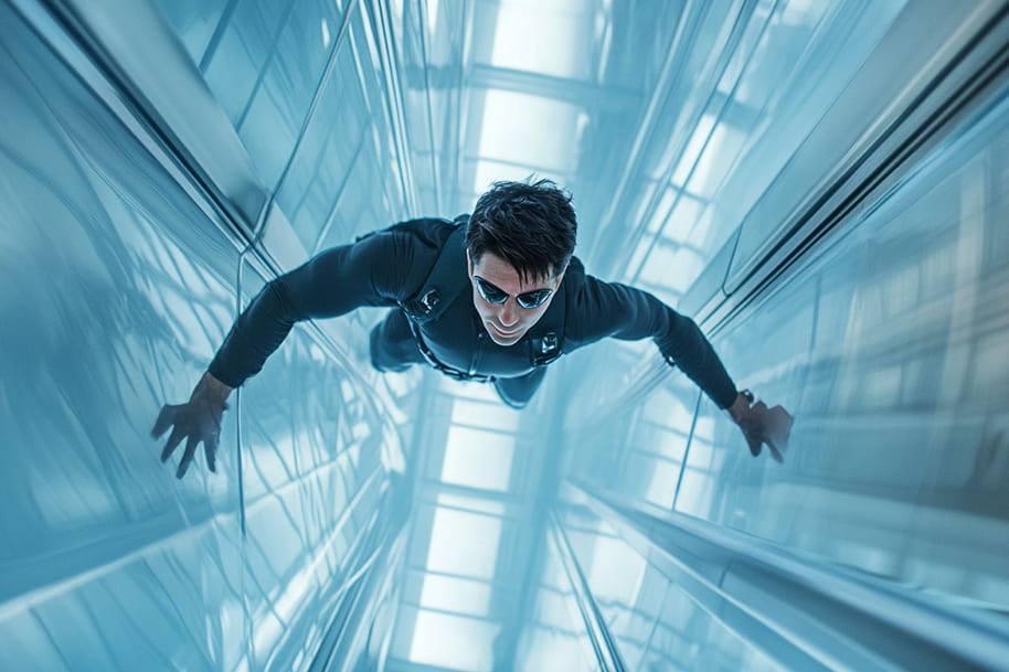 Action-packed scene of a man scaling a high-rise glass building with a determined expression, wearing sleek tactical gear and sunglasses. The thrilling perspective and futuristic setting evoke the intensity and suspense of spy and action movies.