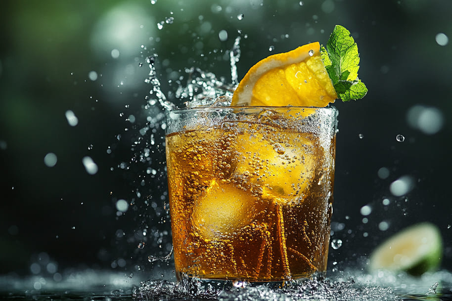 Refreshing mocktail served over ice, garnished with a slice of lemon and fresh mint leaves. This non-alcoholic drink is splashing in a glass, set against a blurred background, offering a vibrant and energizing look.