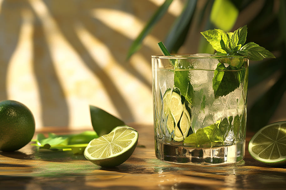 Refreshing mojito cocktail in a crystal glass, garnished with fresh mint leaves and lime slices, set against a sunny backdrop with vibrant green shadows. This crisp and summery image is perfect for showcasing classic cocktails or tropical drink recipes.
