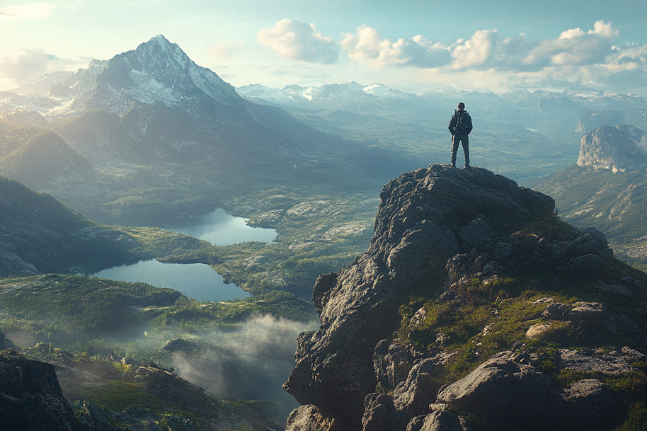 Lone hiker standing atop a rugged mountain peak, overlooking a vast landscape of lakes, valleys, and distant mountains under a clear sky. Eternal Slots blog celebrates moments of achievement and discovery, drawing parallels between the thrill of adventure and the excitement of gaming success.