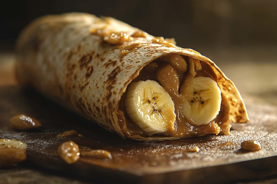A delicious peanut butter and banana wrap drizzled with caramel sauce, served on a rustic wooden surface. A perfect blend of sweet and savory flavors for a satisfying snack or breakfast.