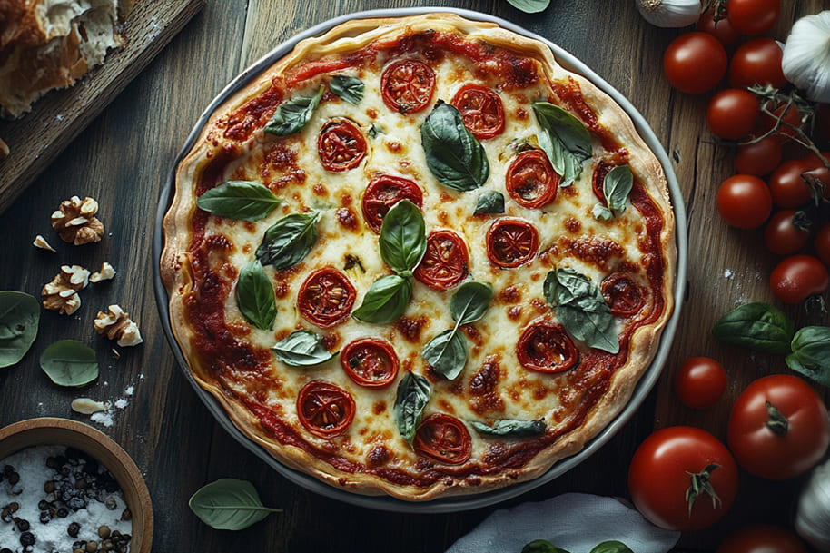 Freshly baked Margherita pizza topped with melted mozzarella, juicy cherry tomatoes, and vibrant basil leaves. The wooden table is adorned with fresh ingredients like tomatoes, garlic, and walnuts, creating a rustic and appetizing vegan comfort food for pizza lovers.