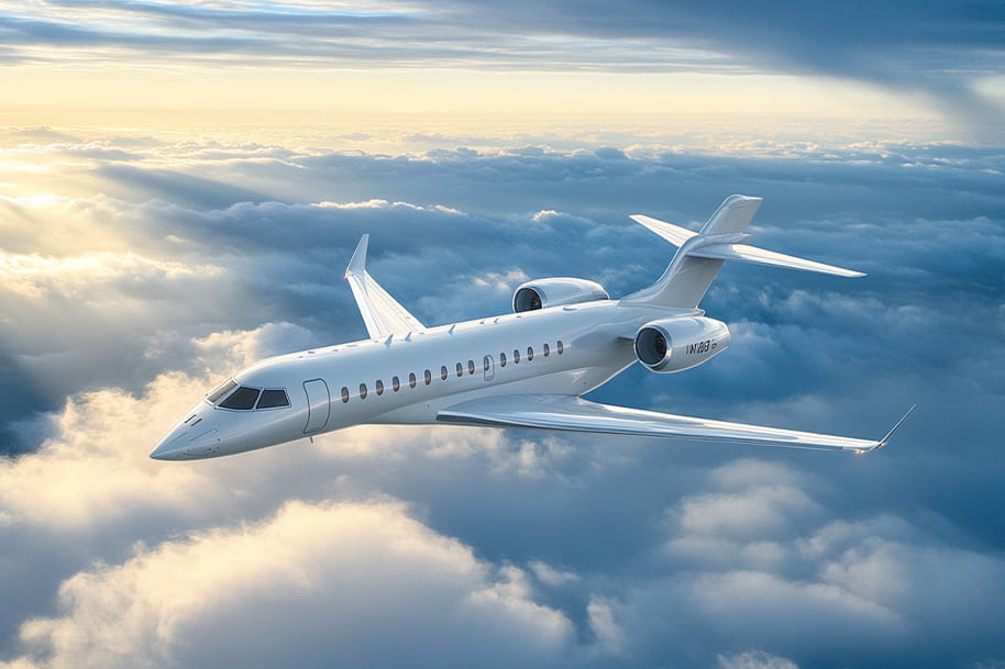 Elegant private jet flying high above the clouds during sunrise, capturing the luxury and serenity of private air travel, as featured in the online casino blog on eternalslots.com.