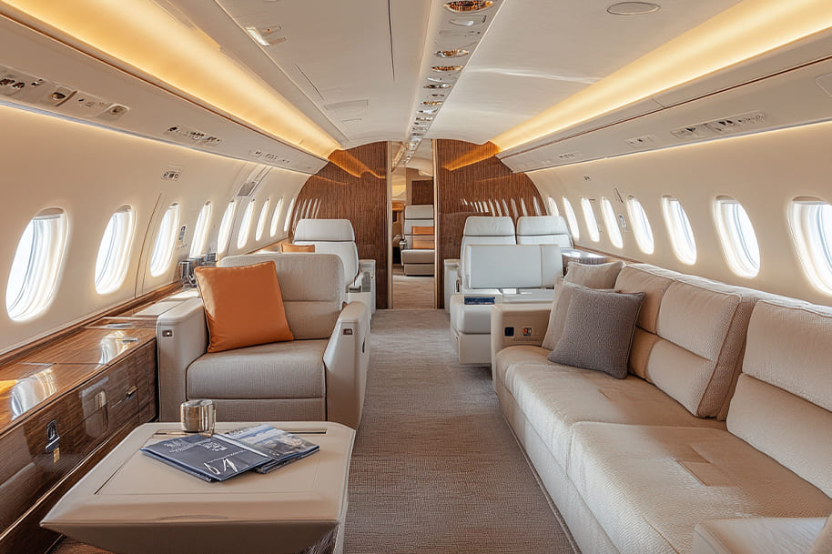 Spacious private jet cabin with elegant beige seating and ambient lighting, highlighting the luxury and comfort of private air travel, as featured in the online casino blog on eternalslots.com.