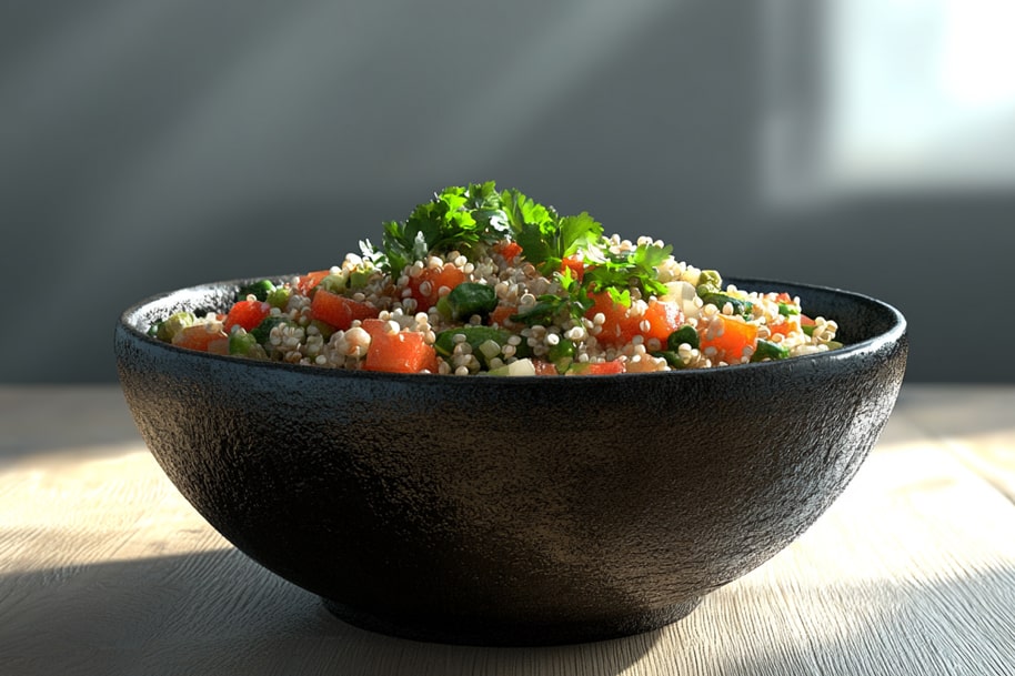 A vibrant quinoa salad bowl filled with diced tomatoes, cucumbers, bell peppers, and fresh herbs, garnished with a sprig of cilantro. A wholesome and nutritious meal perfect for a light lunch or dinner.