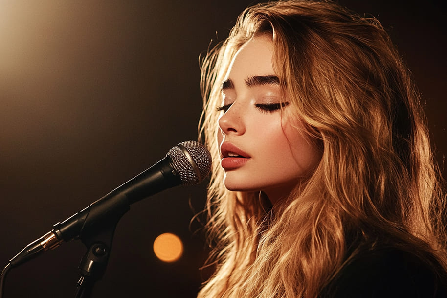 Close-up of a woman singing into a microphone under warm stage lighting. Her flowing blonde hair and serene expression create a captivating moment, embodying the beauty and emotion of live music performance.