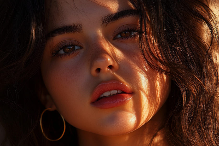 Close-up portrait of a woman with natural beauty, featuring soft sunlight illuminating her face. Her expression is serene, with freckles visible across her cheeks, and she is wearing large hoop earrings, showcasing a fresh and glowing look.