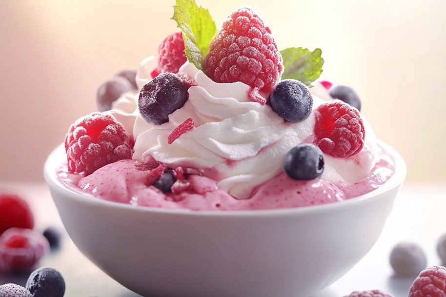 A creamy pink smoothie bowl topped with swirls of whipped cream, juicy frozen raspberries, blueberries, and a fresh mint leaf. A delightful and healthy treat to brighten your morning.