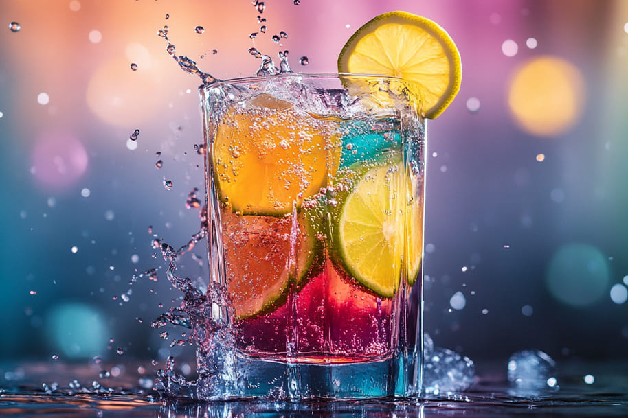 Colorful sparkling non-alcoholic drink with slices of lemon and orange, served over ice in a glass. The drink is splashing with water droplets against a vibrant, blurred background, perfect for a refreshing and lively moment.