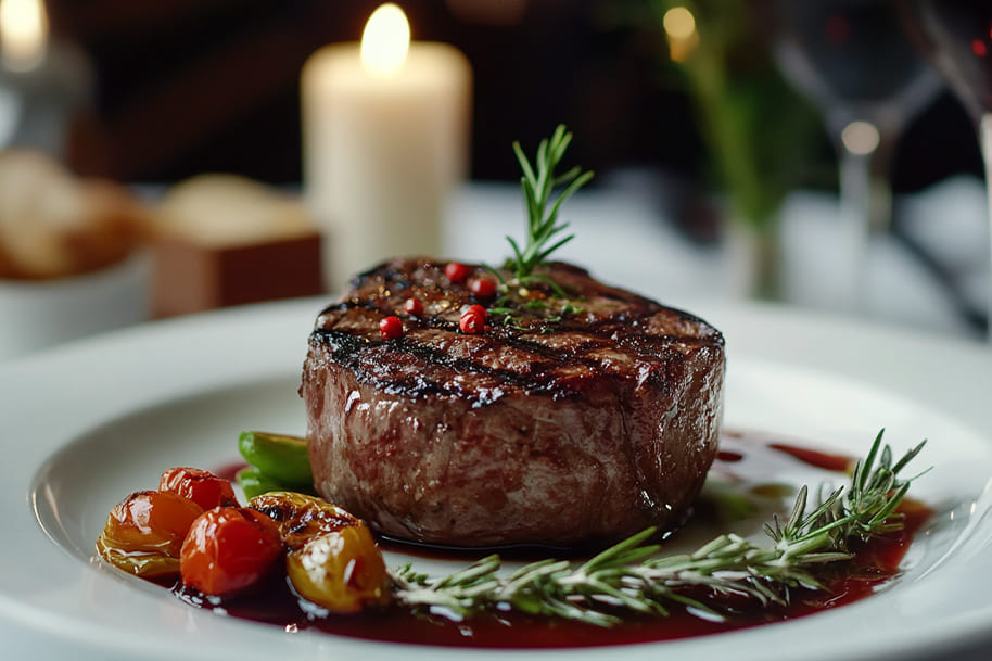 Juicy grilled steak served on a white plate, garnished with fresh rosemary, red peppercorns, and a side of roasted cherry tomatoes. The dish is paired with a rich red wine sauce, creating a luxurious fine dining experience with a romantic candlelit ambiance in the background.