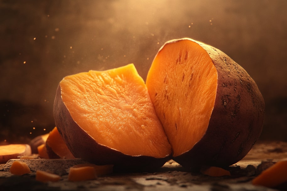 A perfectly roasted sweet potato, split open to reveal its warm, tender, and golden-orange flesh, surrounded by a rustic background with pieces of sweet potato scattered around. A hearty and nutritious comfort food.
