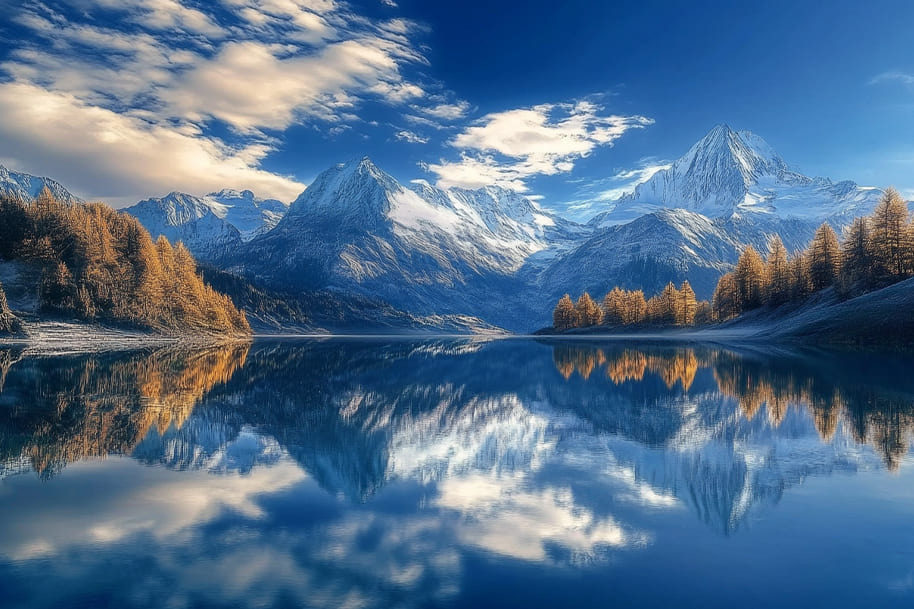 Scenic view of snow-capped mountains reflected in a crystal-clear alpine lake, surrounded by autumnal trees in the Swiss Alps, ideal nature destination for serene landscapes and outdoor adventure.