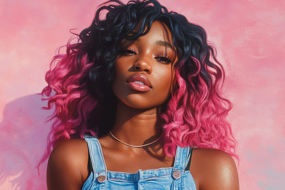 Portrait of a young woman with bold pink and black ombre hair, styled in voluminous curls. She wears a denim outfit, exuding confidence and vibrant energy against a soft pink background, embodying a modern and playful fashion statement.