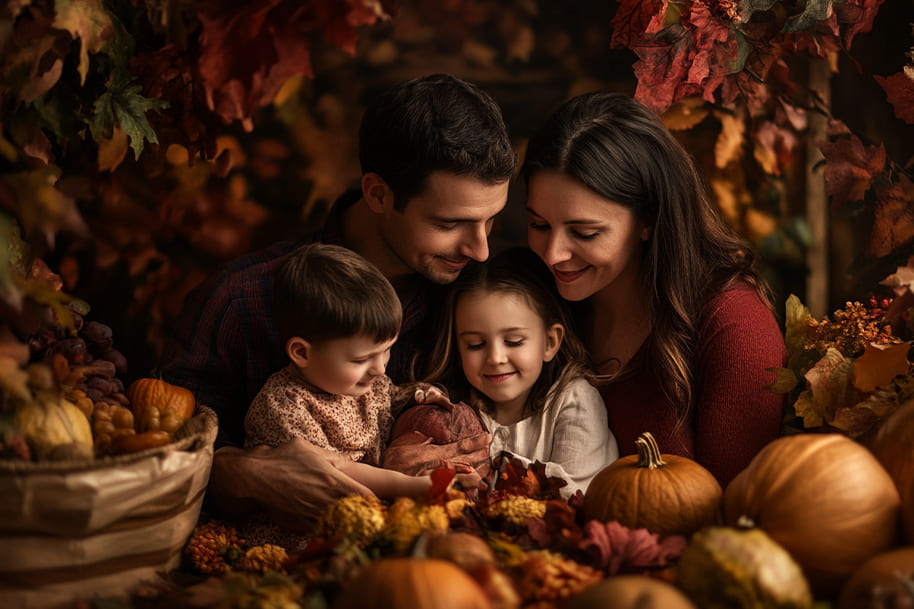 Family gathered around a festive autumn display with pumpkins, leaves, and seasonal decorations, celebrating Thanksgiving in a warm and cozy setting. Explore the Eternal Slots blog for Thanksgiving-themed promotions, family activities, and ideas to make the holiday special.