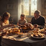 Family enjoying a Thanksgiving meal together at home, with a turkey and festive dishes on the table, capturing the warmth of a cozy, joyful family gathering during the holiday weekend.