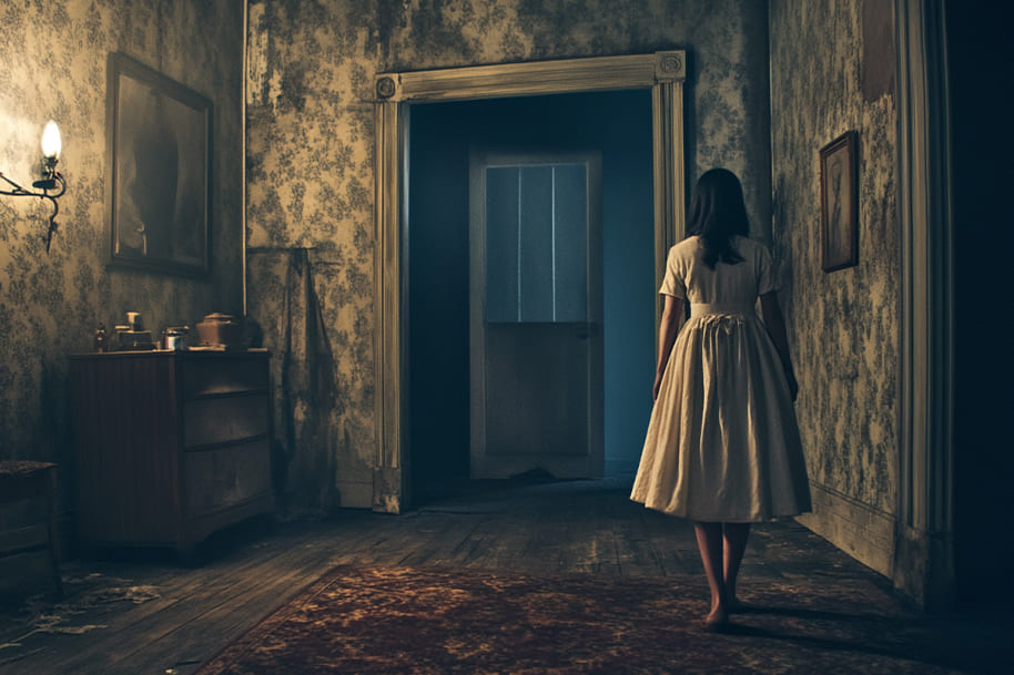 Atmospheric scene of a young girl in a vintage white dress standing in an eerie, dimly lit hallway of an old, abandoned house. The peeling wallpaper, antique furniture, and mysterious open door create a suspenseful and chilling ambiance, perfect for a horror or thriller setting.