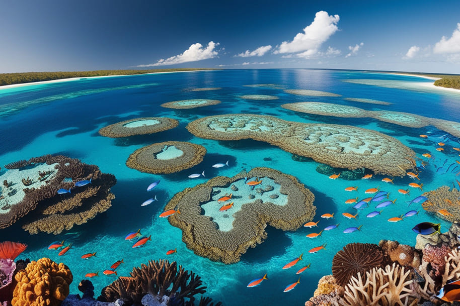 Vibrant aerial view of the Great Barrier Reef in Australia, featuring colorful coral formations and diverse marine life in crystal-clear waters. This UNESCO World Heritage site is a natural wonder, known for its biodiversity and stunning underwater ecosystems.
