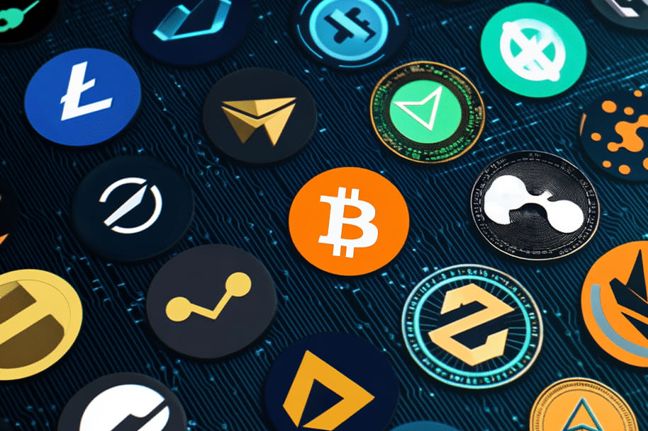 Collection of popular cryptocurrency logos, including Bitcoin, Litecoin, and Ripple, displayed on a digital circuit background, emphasizing the variety of crypto options for online gambling at eternalslots.com.