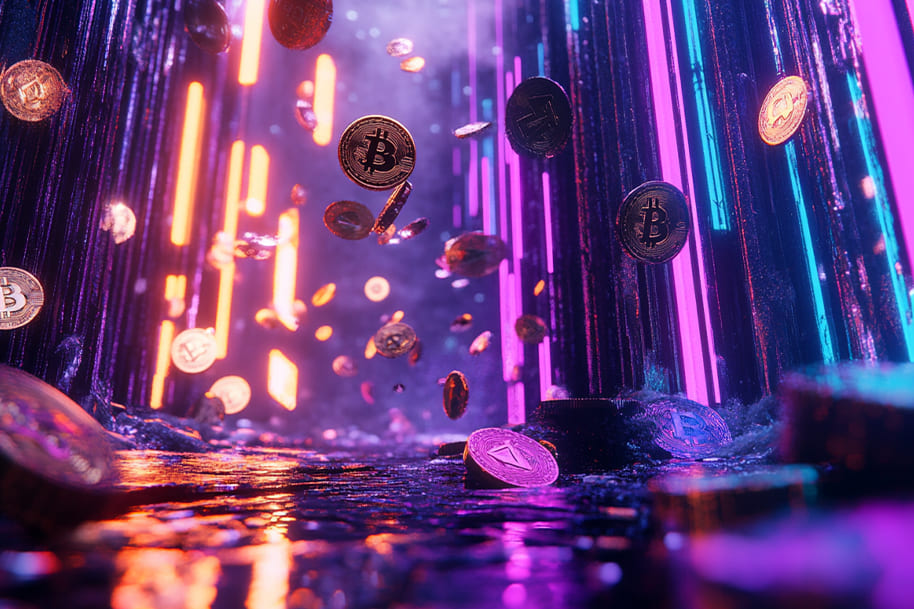 Bitcoin and Ethereum coins cascading through a futuristic, neon-lit landscape, symbolizing the digital revolution in online gambling and crypto transactions on eternalslots.com.