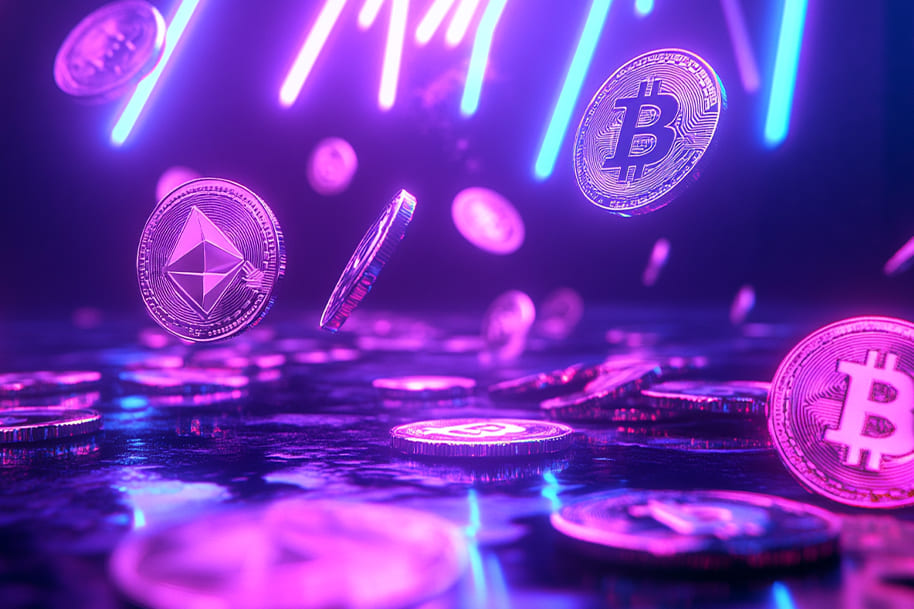Digital illustration of Bitcoin and Ethereum coins floating in a vibrant, neon-lit environment, representing the dynamic use of cryptocurrencies in online gambling on eternalslots.com.
