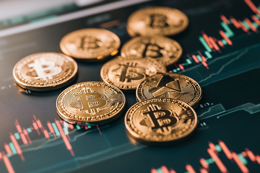Gold Bitcoin and Ethereum coins placed on a screen displaying cryptocurrency market charts, symbolizing investment opportunities and market analysis. Featured in Eternal Slots blog post on top cryptocurrencies to buy in November 2024, with insights into recent market trends and growth potential.