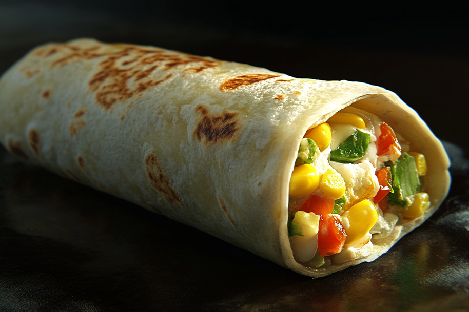Freshly made vegan tortilla wrap filled with colorful vegetables, including corn, bell peppers, and greens. The image showcases a healthy and delicious option, perfect for those seeking nutritious vegan meals.