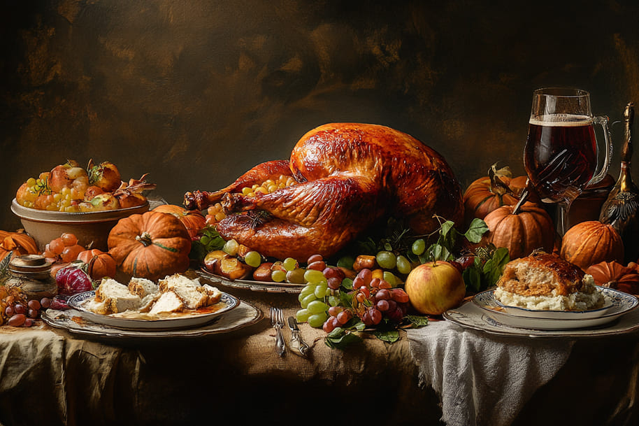 Rustic Thanksgiving feast featuring a golden roasted turkey surrounded by seasonal fruits like grapes and apples, pumpkins, and traditional sides. The table is adorned with warm tones and classic decor, creating a cozy and festive atmosphere perfect for the holiday season.