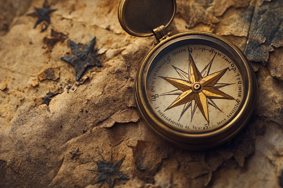 Vintage compass on aged parchment with star illustrations, symbolizing guidance and exploration of fortune, as featured in the astrology and fortune blog on eternalslots.com.