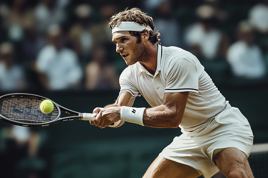 Focused tennis player in action on the court, dressed in classic white attire, capturing the tradition and intensity of the game. The image emphasizes the skill and discipline of tennis, along with the unique and sometimes surprising rules that govern the sport.