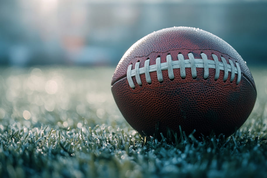 Close-up of an American football resting on a dewy grass field, symbolizing the tradition and intensity of the sport. The image reflects the unique and sometimes bizarre rules that add to the intrigue of American football.