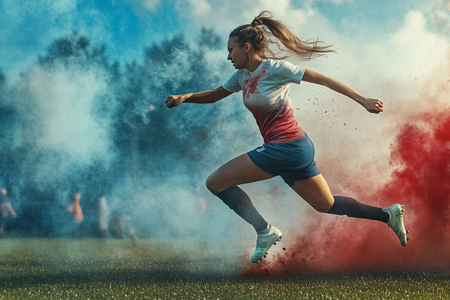 Female soccer player sprinting across the field with colored smoke trailing behind, symbolizing energy, passion, and the vibrant spirit of the sport. The image highlights the excitement of soccer and alludes to the unique rules that make each game thrilling and unpredictable.
