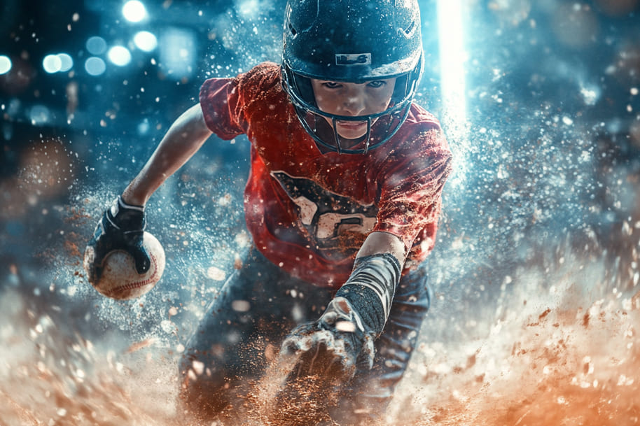 Young baseball player sliding in action on a dirt field, capturing the intense energy of the game. The image represents the excitement of sports and hints at the unique, sometimes strange, rules that make each sport memorable.