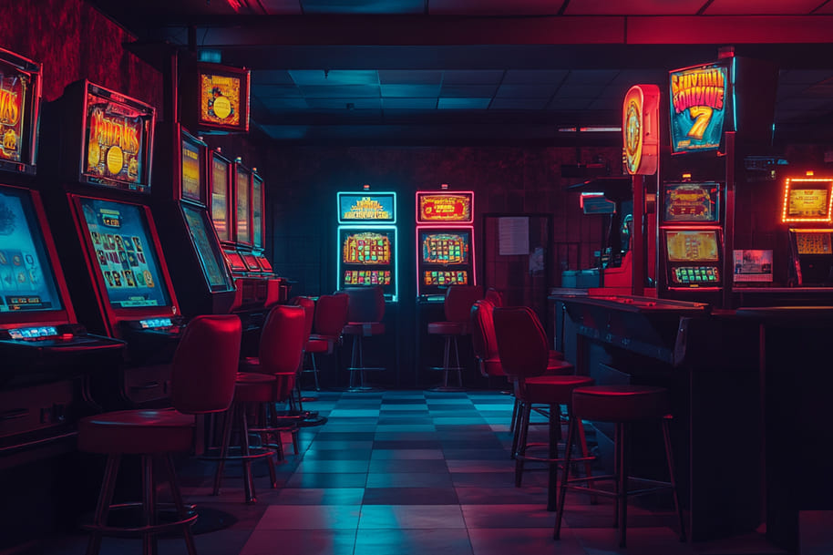 Dimly lit casino interior with rows of colorful slot machines, creating a nostalgic and immersive gaming ambiance. The image captures the allure of traditional slot gaming while hinting at the evolving trend of crypto casinos among modern players.