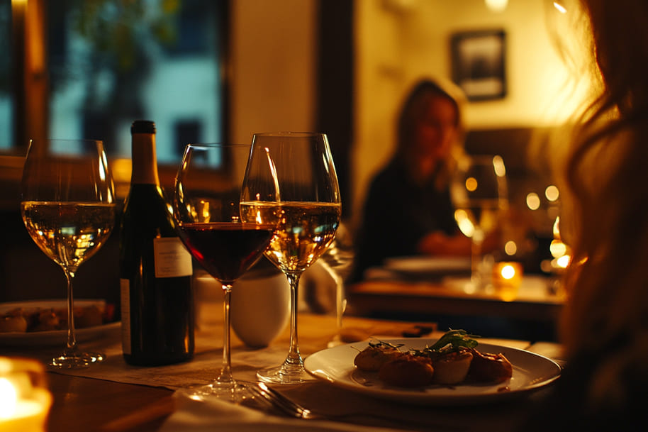 Cozy restaurant setting with wine glasses filled with red and white wine, accompanied by a bottle on the table. The soft candlelight creates a warm and intimate ambiance, with a plated gourmet dish in focus, perfect for a romantic evening or fine dining experience.