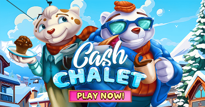 Cozy winter vibes in Cash Chalet: Animated snow animals enjoying treats and drinks in a fun, snowy mountain lodge scene. A perfect mix of adventure, warmth, and frosty charm, inviting you to 'Play Now!
