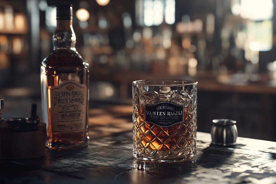 Crystal glass filled with premium whiskey on ice alongside a bottle of bourbon on a rustic wooden bar counter. A sophisticated scene perfect for a blog post on Eternal Slots exploring the nuances of global whiskey varieties and their pairing with luxury gaming experiences.