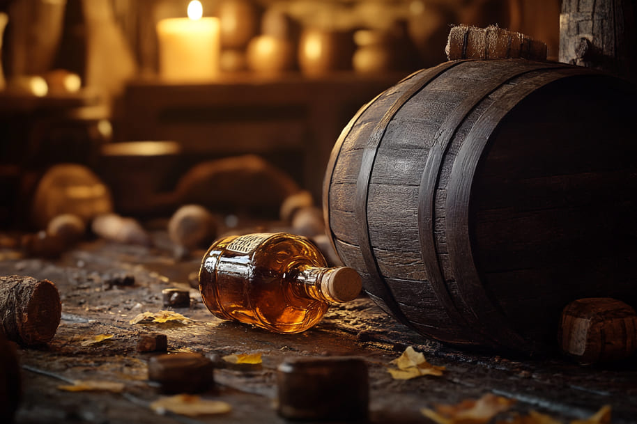 Rustic scene with a whiskey barrel and a bottle of aged whiskey on a wooden table, illuminated by warm candlelight. Perfectly capturing the allure of classic spirits, ideal for a blog post on Eternal Slots exploring global whiskey varieties and their timeless appeal.