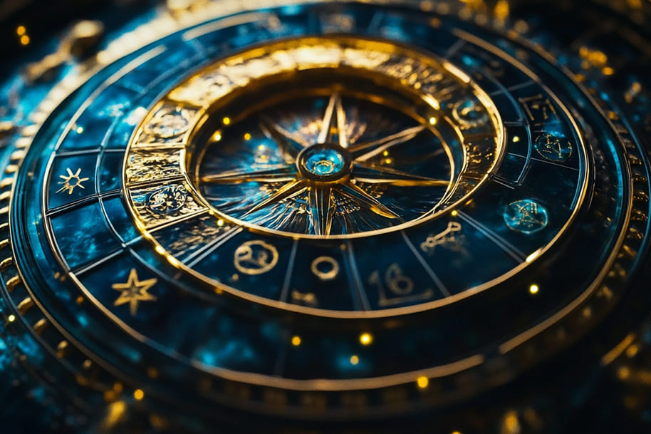Magnificent celestial clock featuring golden zodiac signs under a starry night sky, symbolizing the cosmic connection of luck and destiny. Ideal for EternalSlots.com, where Astrology for 2025 Planning meets thrilling online casino games.