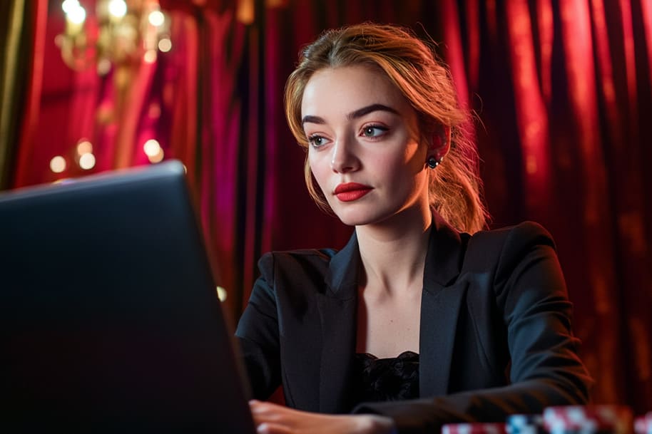 Portrait of a confident woman in a formal black blazer, playing on a laptop in a safe online casino, in an elegant setting with red curtains and warm lighting, exuding sophistication and focus.