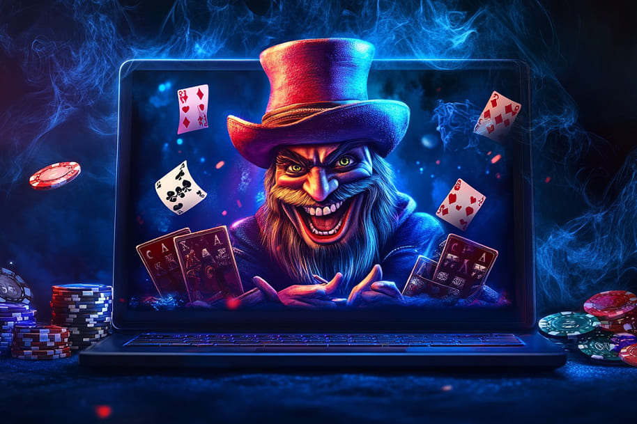 Illustration of a sinister character emerging from a laptop screen, wearing a top hat with glowing green eyes, surrounded by playing cards, poker chips, and a smoky blue background, symbolizing online gambling scams and deception.