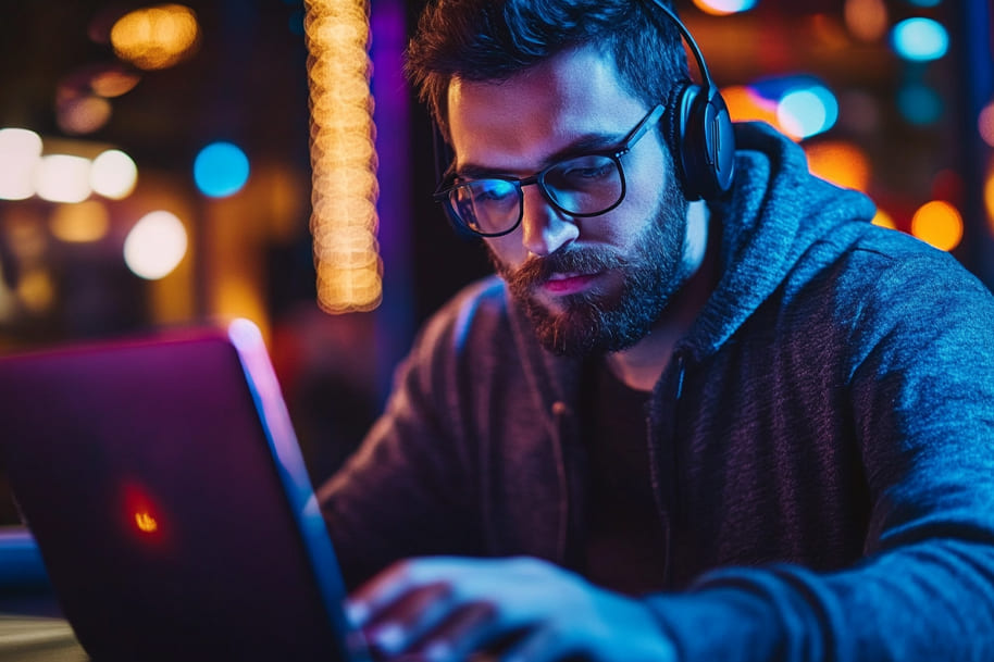 Focused man with glasses and headphones working on a laptop, immersed in a colorful neon-lit setting, representing the tech-savvy and digital era lifestyle.