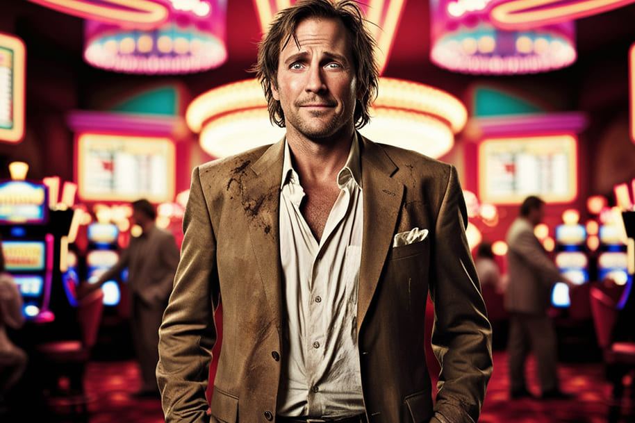 An elegantly disheveled man in a casino, exuding charm with his slightly rugged attire, surrounded by vibrant neon lights and a lively gaming atmosphere, reminiscent of classic casino-themed movies.