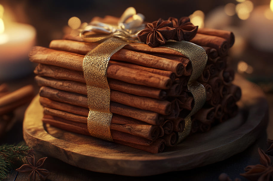 Create a DIY Christmas decorations with a festive bundle of cinnamon sticks tied together with a shimmering golden ribbon, accented with star anise. Place it on a rustic wooden plate to add a touch of elegance while filling your space with a warm and cozy holiday ambiance.